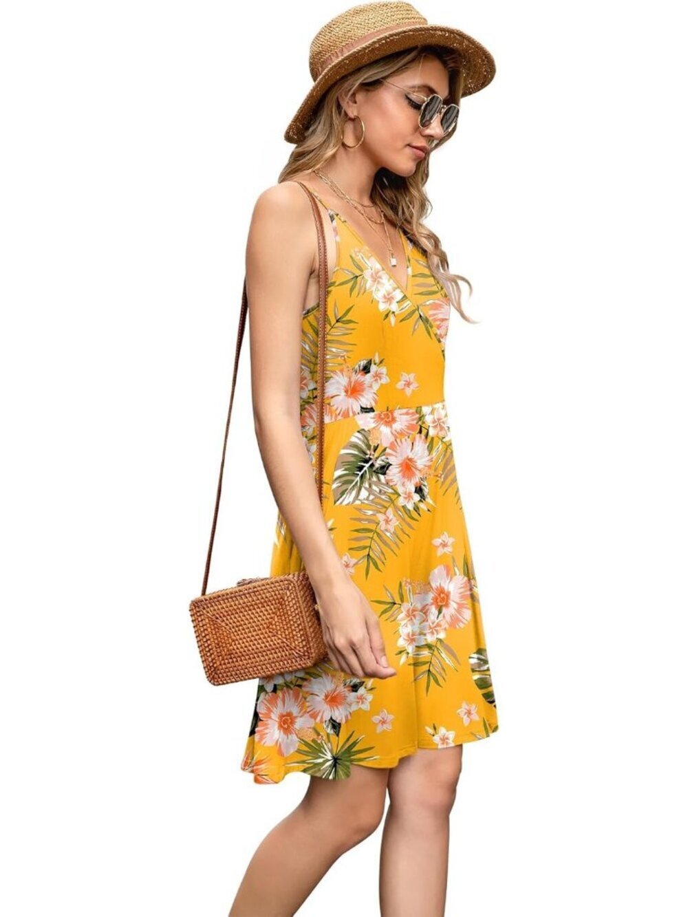 Women's Green Leaf Yellow Neck Spaghetti Strap Sundress Casual Beach Mini Dress - Picture 2 of 3